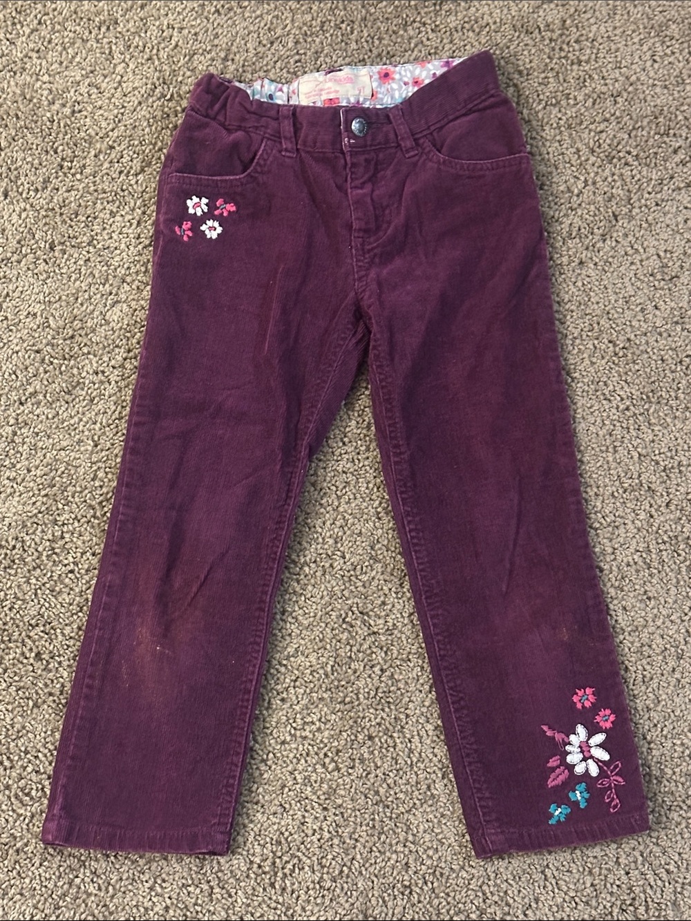 Girls' Plum Corduroy Embroidered Casual Pants